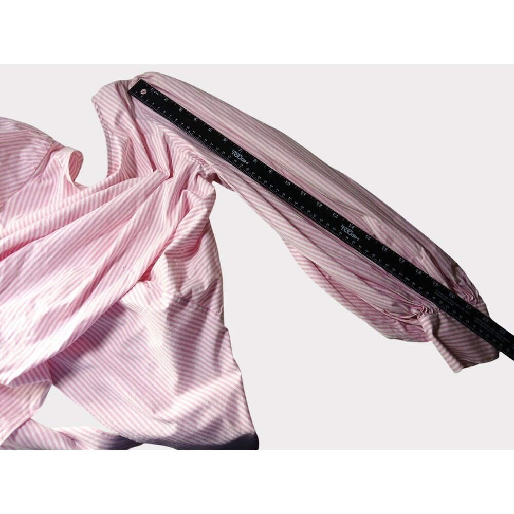 WAYF Dayna Tie Back Poplin Top Blouse Size S Striped Pink Wrap Long Sleeve Puff - Picture 11 of 11